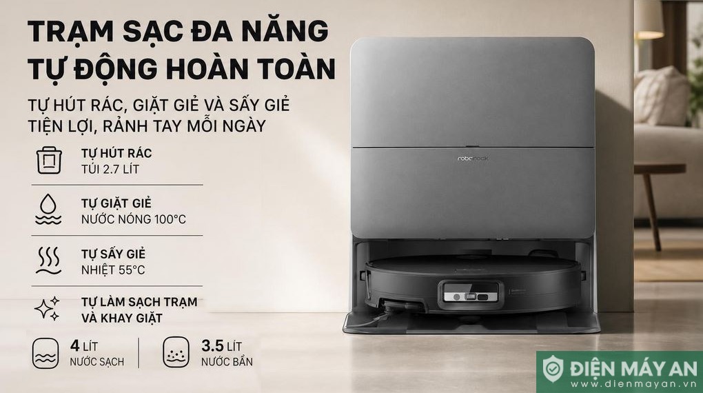 Robot hút bụi lau nhà Roborock Saros 20 Sonic Complete - Đen/Trắng